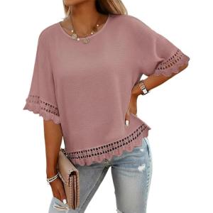 image:imageCHICME Womens Summer Boho Tops Dressy Casual Crewneck Short Sleeve Blouse Ruffle Hem Eyelet Shirts Beach VacationPink