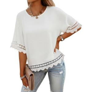 image:imageCHICME Womens Summer Boho Tops Dressy Casual Crewneck Short Sleeve Blouse Ruffle Hem Eyelet Shirts Beach VacationWhite