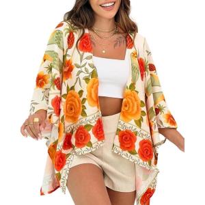 image:imageCHICME Womens Floral Print Swimsuit Coverup Batwing Sleeve Hollow Out Beach Cover Up Summer Cardigan Loose SwimwearApricot