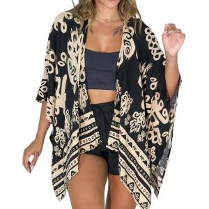 image:imageCHICME Womens Floral Print Swimsuit Coverup Batwing Sleeve Hollow Out Beach Cover Up Summer Cardigan Loose SwimwearBlack