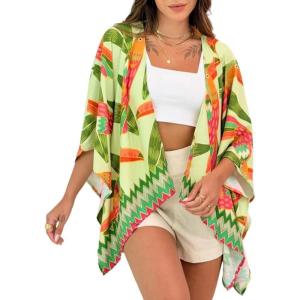 image:imageCHICME Womens Floral Print Swimsuit Coverup Batwing Sleeve Hollow Out Beach Cover Up Summer Cardigan Loose SwimwearLight Green