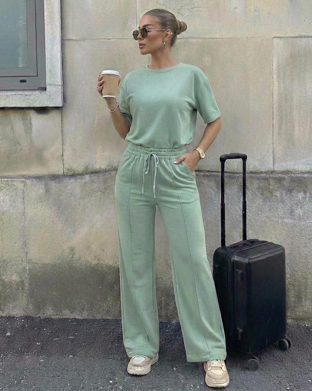 image:imageCHICME Womens 2 Piece Outfits Plain Short Sleeve Top and Casual Decoration Drawstring Elastic Waist Wide Leg Pants SetAgreen