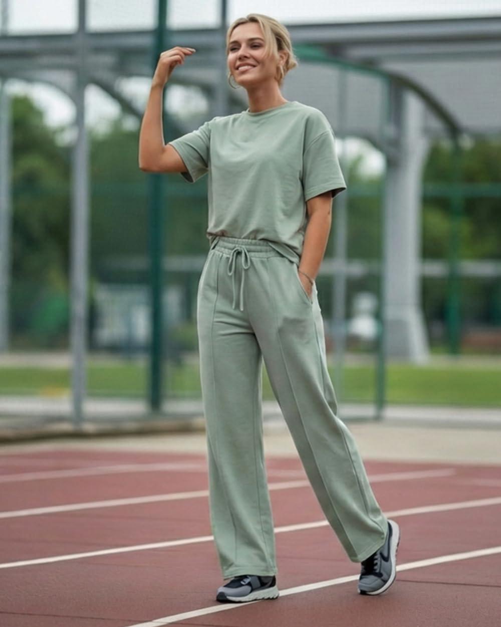 image:imageCHICME Womens 2 Piece Outfits Plain Short Sleeve Top and Casual Decoration Drawstring Elastic Waist Wide Leg Pants SetAgreen