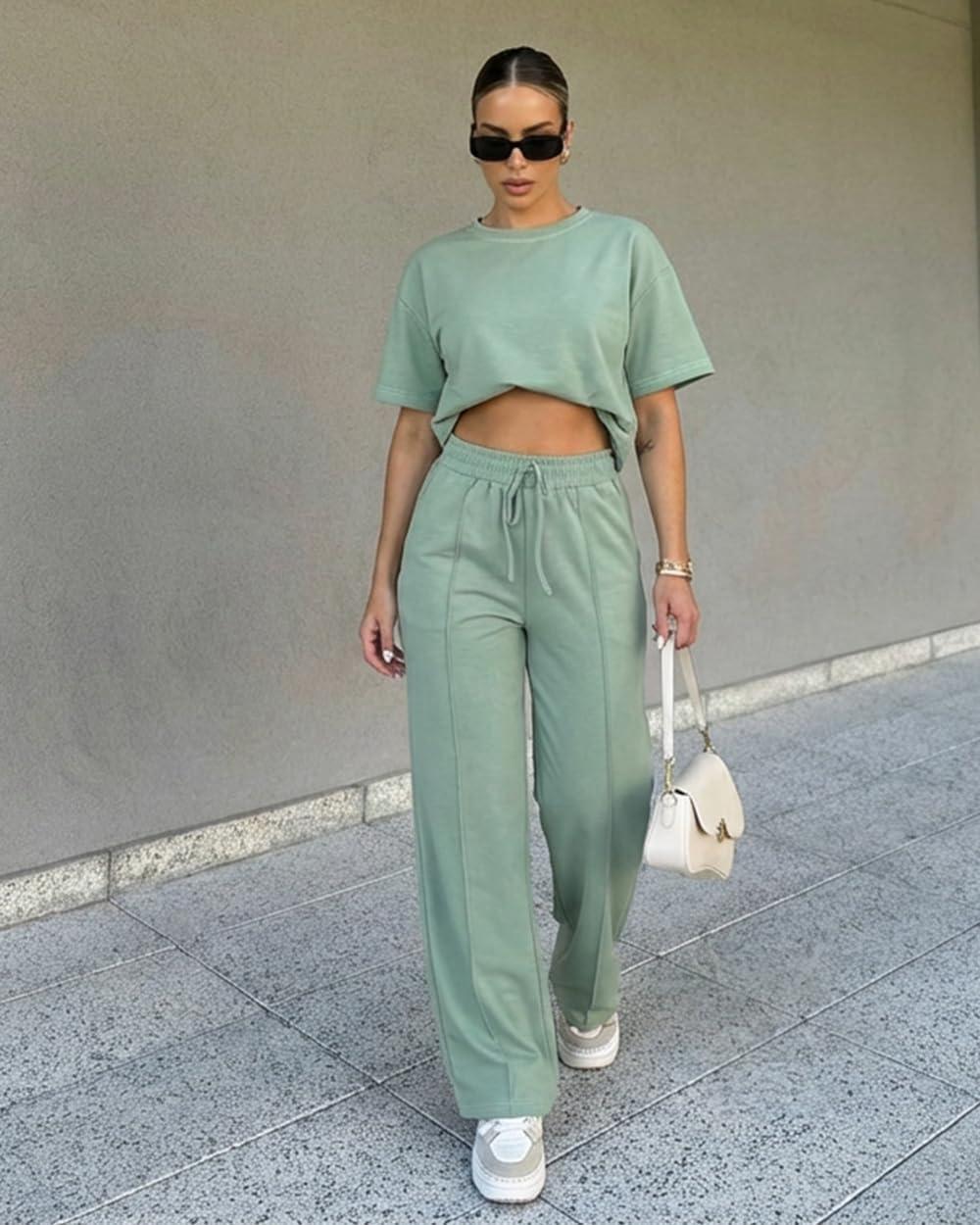 image:imageCHICME Womens 2 Piece Outfits Plain Short Sleeve Top and Casual Decoration Drawstring Elastic Waist Wide Leg Pants SetAgreen