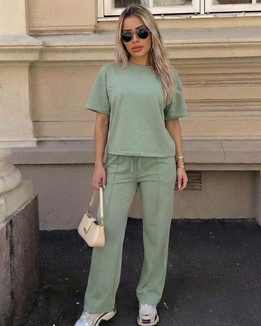 image:imageCHICME Womens 2 Piece Outfits Plain Short Sleeve Top and Casual Decoration Drawstring Elastic Waist Wide Leg Pants SetAgreen
