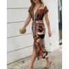 image:imageCHICME Summer Dresses for Women Floral Print Plunge V Neck Midi Dress Casual Ruched Slit Bodycon Party DressPrinted Brown