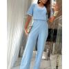 image:imageCHICME Two Piece Sets for Women Summer Outfits Short Sleeve Top Wide Leg Pants Set Elastic Waist Casual Work VacationLighted Blue