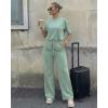 image:imageCHICME Womens 2 Piece Outfits Plain Short Sleeve Top and Casual Decoration Drawstring Elastic Waist Wide Leg Pants SetAgreen