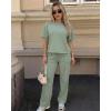 image:imageCHICME Womens 2 Piece Outfits Plain Short Sleeve Top and Casual Decoration Drawstring Elastic Waist Wide Leg Pants SetAgreen