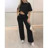 image:imageCHICME Womens 2 Piece Outfits Plain Short Sleeve Top and Casual Decoration Drawstring Elastic Waist Wide Leg Pants SetBlack