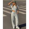 image:imageCHICME Womens 2 Piece Outfits Plain Short Sleeve Top and Casual Decoration Drawstring Elastic Waist Wide Leg Pants SetGray