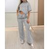 image:imageCHICME Womens 2 Piece Outfits Plain Short Sleeve Top and Casual Decoration Drawstring Elastic Waist Wide Leg Pants SetGray