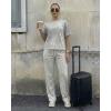 image:imageCHICME Womens 2 Piece Outfits Plain Short Sleeve Top and Casual Decoration Drawstring Elastic Waist Wide Leg Pants SetGray