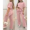 image:imageCHICME Womens 2 Piece Outfits Plain Short Sleeve Top and Casual Decoration Drawstring Elastic Waist Wide Leg Pants SetPink