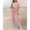 image:imageCHICME Womens 2 Piece Outfits Plain Short Sleeve Top and Casual Decoration Drawstring Elastic Waist Wide Leg Pants SetPink