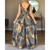 image:imageCHICME Womens Abstract Print V Neck Jumpsuit Wide Leg High Cinched Waist Backless Sleeveless Chic Vacation Beach RomperGray