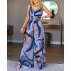 image:imageCHICME Womens Abstract Print V Neck Jumpsuit Wide Leg High Cinched Waist Backless Sleeveless Chic Vacation Beach RomperMulticolorblue