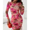 image:imageCHICME Womens Floral Mesh Bodycon Mini Dress Long Sleeve Drawstring Side Ruched Party DressHot Pink