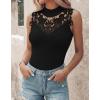 image:imageCHICME Womens Sleeveless Lace Mock Neck Ribbed Knit Tank Top Fitted Dressy Summer Mesh Knit Turtleneck TopsBlack
