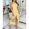 image:imageCHICME Womens Summer Halter Ruched Bodycon Long Dresses Hollow Out A Line Eyelet Embroidery amp Side Slit Vacation Tank DressYellow