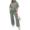 image:imageCHICME Womens 2 Piece Outfits Plain Short Sleeve Top and Casual Decoration Drawstring Elastic Waist Wide Leg Pants SetAgreen