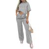 image:imageCHICME Womens 2 Piece Outfits Plain Short Sleeve Top and Casual Decoration Drawstring Elastic Waist Wide Leg Pants SetGray