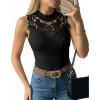 image:imageCHICME Womens Sleeveless Lace Mock Neck Ribbed Knit Tank Top Fitted Dressy Summer Mesh Knit Turtleneck TopsBlack