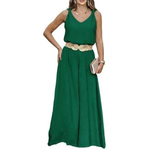 image:imageCHICME 2 Piece Outfits for Women Summer Sleeveless Twist Tank Top and Wide Leg Pant Sets Casual Travel Airport Outfits FlowyDark Green