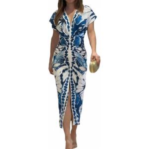 image:imageCHICME Summer Dresses for Women Floral Print Plunge V Neck Midi Dress Casual Ruched Slit Bodycon Party DressPrinted Blue