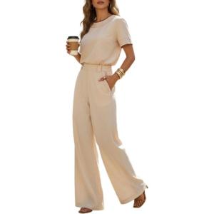 image:imageCHICME Two Piece Sets for Women Summer Outfits Short Sleeve Top Wide Leg Pants Set Elastic Waist Casual Work VacationApricot