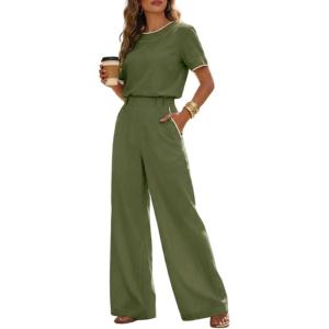 image:imageCHICME Two Piece Sets for Women Summer Outfits Short Sleeve Top Wide Leg Pants Set Elastic Waist Casual Work VacationArmy Green