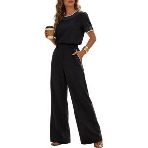 image:imageCHICME Two Piece Sets for Women Summer Outfits Short Sleeve Top Wide Leg Pants Set Elastic Waist Casual Work VacationBlack