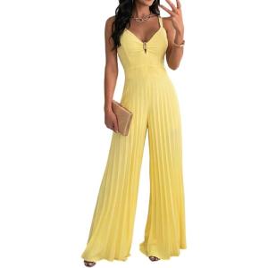 image:imageCHICME Women 2026 Sleeveless Deep V Sling Jumpsuit High Waist Pleated Jumpsuit Casual Beach Party Outfit with LiningYellow
