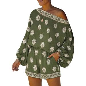 image:imageCHICME Womens 2 Piece Boho Outfit Lantern Sleeve Linen Top and Shorts Set Beach Vacation Summer OutfitsArmy Green