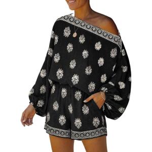 image:imageCHICME Womens 2 Piece Boho Outfit Lantern Sleeve Linen Top and Shorts Set Beach Vacation Summer OutfitsBlack