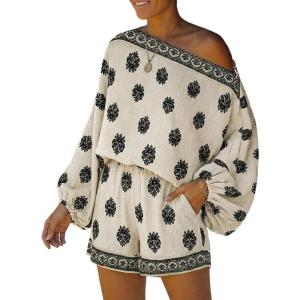 image:imageCHICME Womens 2 Piece Boho Outfit Lantern Sleeve Linen Top and Shorts Set Beach Vacation Summer OutfitsCapricot