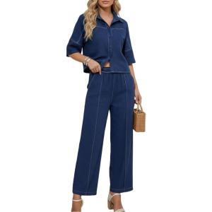 image:imageCHICME Womens 2 Piece Outfit Half Sleeve Button Down Top and Wide Leg Pants Set Casual Vacation Matching SetPurplish Blue