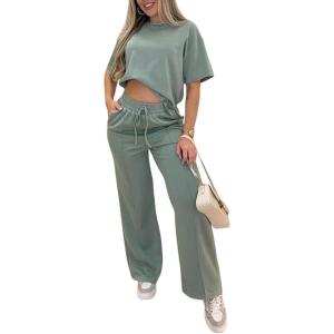 image:imageCHICME Womens 2 Piece Outfits Plain Short Sleeve Top and Casual Decoration Drawstring Elastic Waist Wide Leg Pants SetAgreen