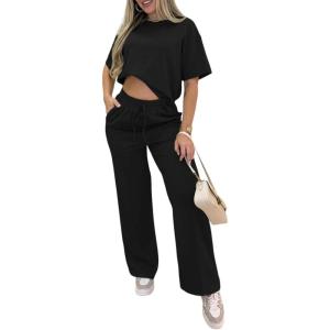 image:imageCHICME Womens 2 Piece Outfits Plain Short Sleeve Top and Casual Decoration Drawstring Elastic Waist Wide Leg Pants SetBlack