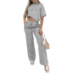 image:imageCHICME Womens 2 Piece Outfits Plain Short Sleeve Top and Casual Decoration Drawstring Elastic Waist Wide Leg Pants SetGray