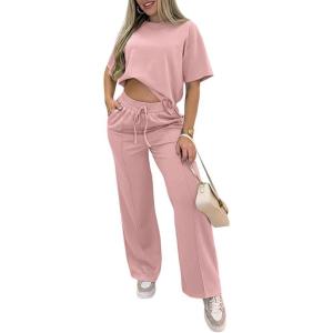 image:imageCHICME Womens 2 Piece Outfits Plain Short Sleeve Top and Casual Decoration Drawstring Elastic Waist Wide Leg Pants SetPink