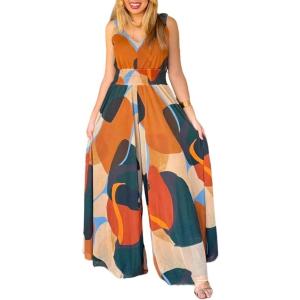 image:imageCHICME Womens Abstract Print V Neck Jumpsuit Wide Leg High Cinched Waist Backless Sleeveless Chic Vacation Beach RomperAmulticolor