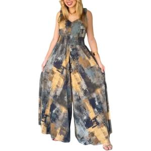 image:imageCHICME Womens Abstract Print V Neck Jumpsuit Wide Leg High Cinched Waist Backless Sleeveless Chic Vacation Beach RomperGray