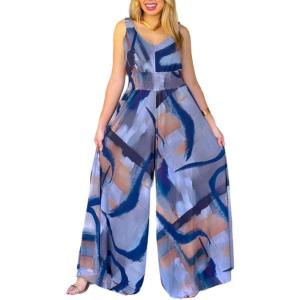 image:imageCHICME Womens Abstract Print V Neck Jumpsuit Wide Leg High Cinched Waist Backless Sleeveless Chic Vacation Beach RomperMulticolorblue