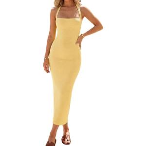 image:imageCHICME Womens Sexy Dress Midi Ribbed Sleeveless Criss Cross Straps Backless Summer Club Party Wedding Guest DressesLight Yellow