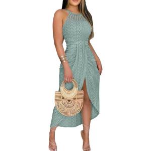 image:imageCHICME Womens Summer Halter Ruched Bodycon Long Dresses Hollow Out A Line Eyelet Embroidery amp Side Slit Vacation Tank DressAgreen