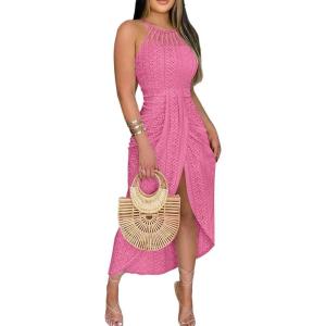 image:imageCHICME Womens Summer Halter Ruched Bodycon Long Dresses Hollow Out A Line Eyelet Embroidery amp Side Slit Vacation Tank DressHot Pink
