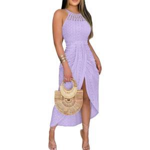 image:imageCHICME Womens Summer Halter Ruched Bodycon Long Dresses Hollow Out A Line Eyelet Embroidery amp Side Slit Vacation Tank DressPurple