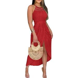image:imageCHICME Womens Summer Halter Ruched Bodycon Long Dresses Hollow Out A Line Eyelet Embroidery amp Side Slit Vacation Tank DressRed