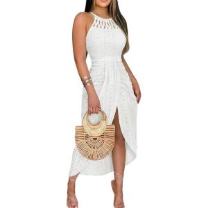 image:imageCHICME Womens Summer Halter Ruched Bodycon Long Dresses Hollow Out A Line Eyelet Embroidery amp Side Slit Vacation Tank DressWhite